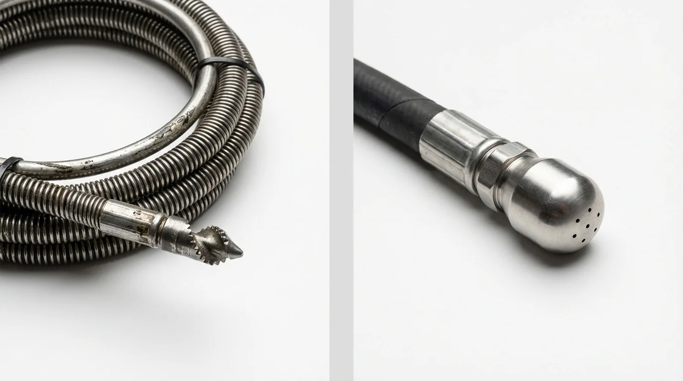 Drain snake cable and hydro jetting nozzle used for drain cleaning in Williston, FL