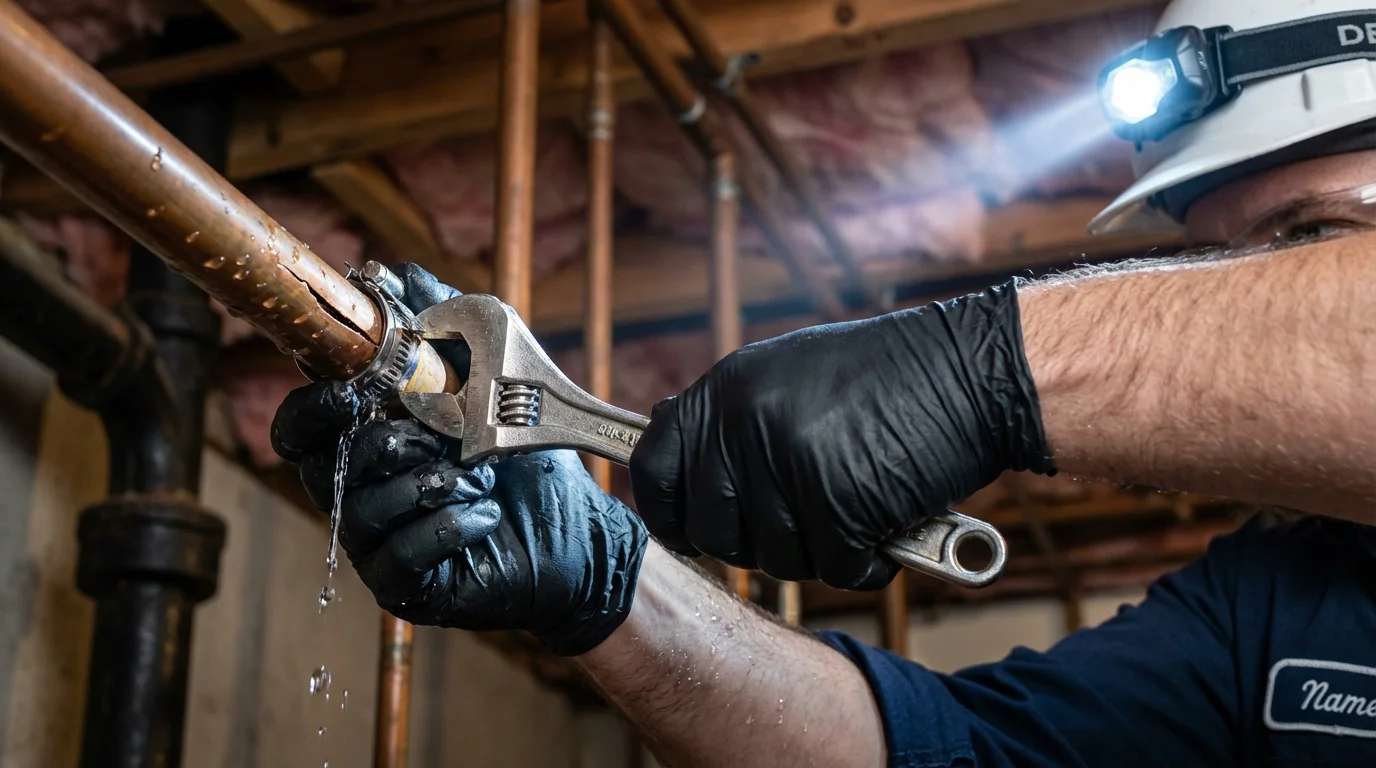 Emergency pipe clamp repair being performed by a Johns Plumbing LLC plumber in Williston