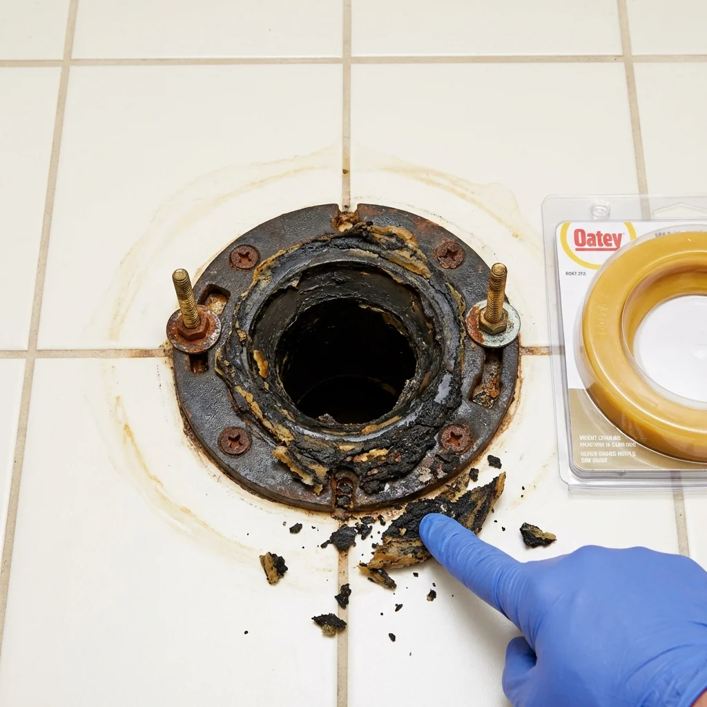 Failed wax ring showing water seepage at the base of a toilet in a Williston, FL home