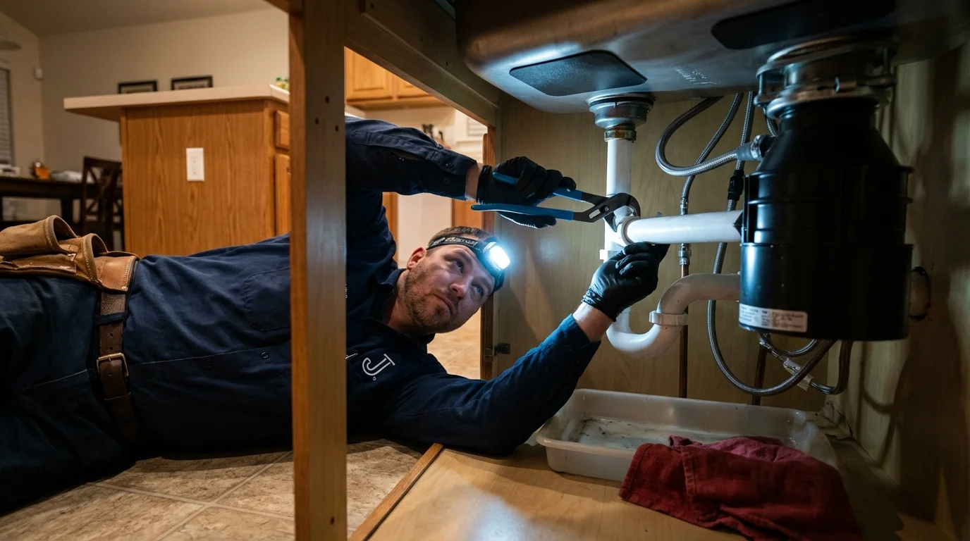P-trap and supply line connections under a kitchen sink showing a common leak point in Williston, FL